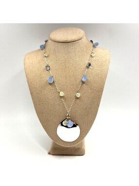 VTG Sterling Silver 925 Blue Green Gemstone Circle Pendant Necklace 19.5" Length